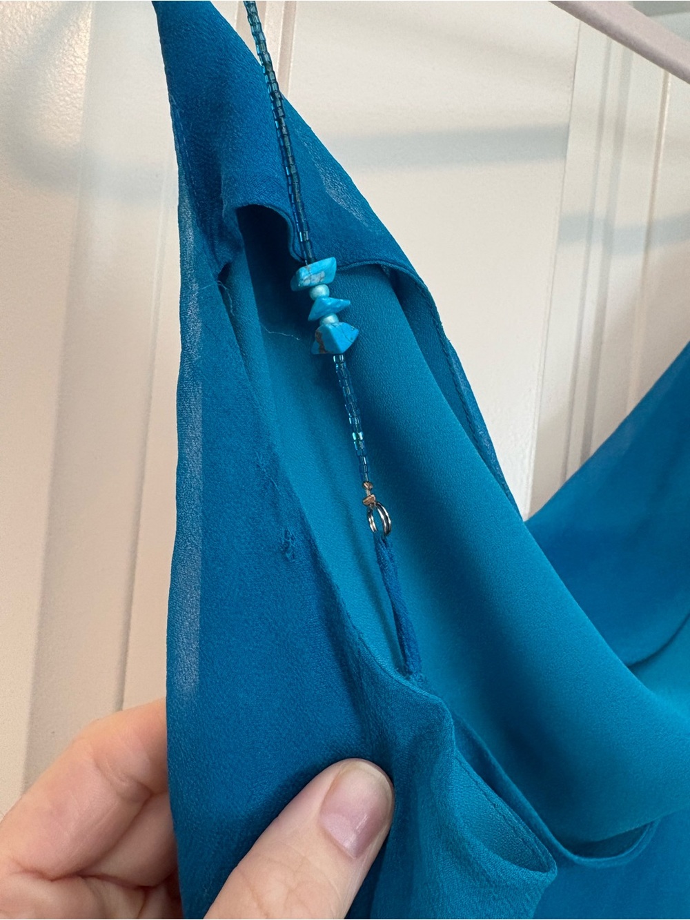 VTG Caché Beaded Silk Aqua Blue Asymmetric Ruffle Gown Size 10 Y2K Mermaid rare - Picture 7 of 12